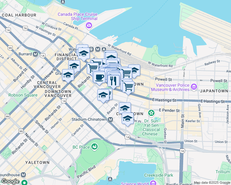 map of restaurants, bars, coffee shops, grocery stores, and more near in Vancouver