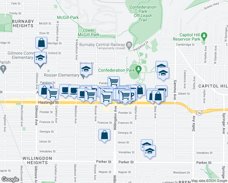 map of restaurants, bars, coffee shops, grocery stores, and more near 281 Willingdon Avenue in Burnaby