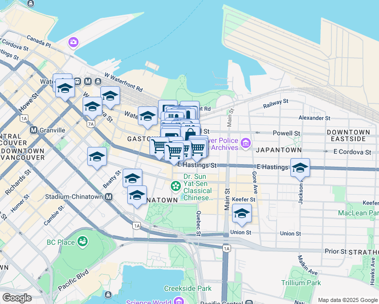 map of restaurants, bars, coffee shops, grocery stores, and more near 56 East Cordova Street in Vancouver