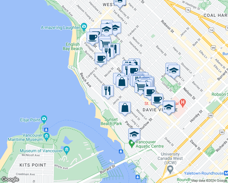 map of restaurants, bars, coffee shops, grocery stores, and more near 1355 Harwood Street in Vancouver