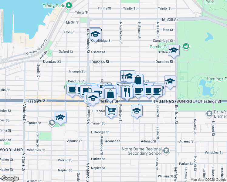 map of restaurants, bars, coffee shops, grocery stores, and more near 2567 Franklin Street in Vancouver