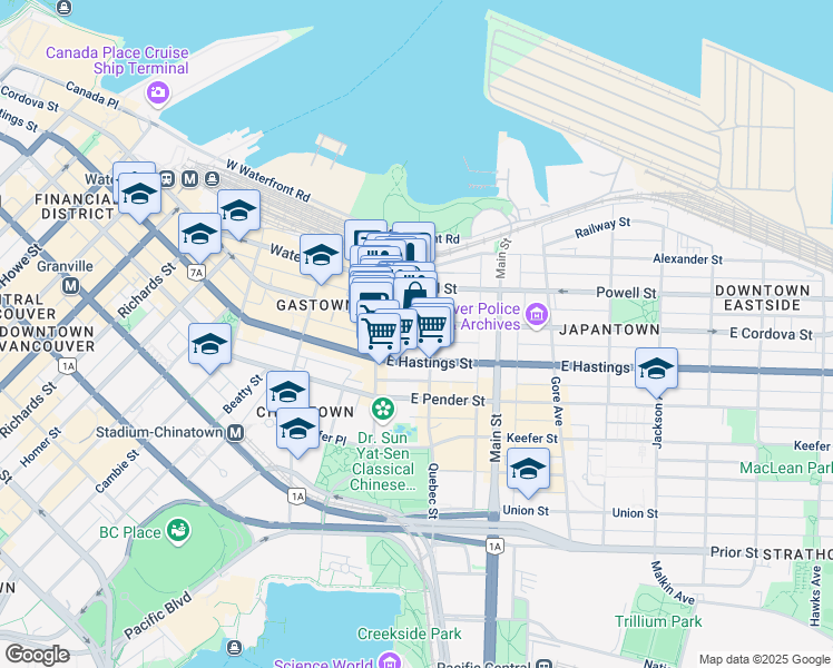 map of restaurants, bars, coffee shops, grocery stores, and more near 56 East Cordova Street in Vancouver