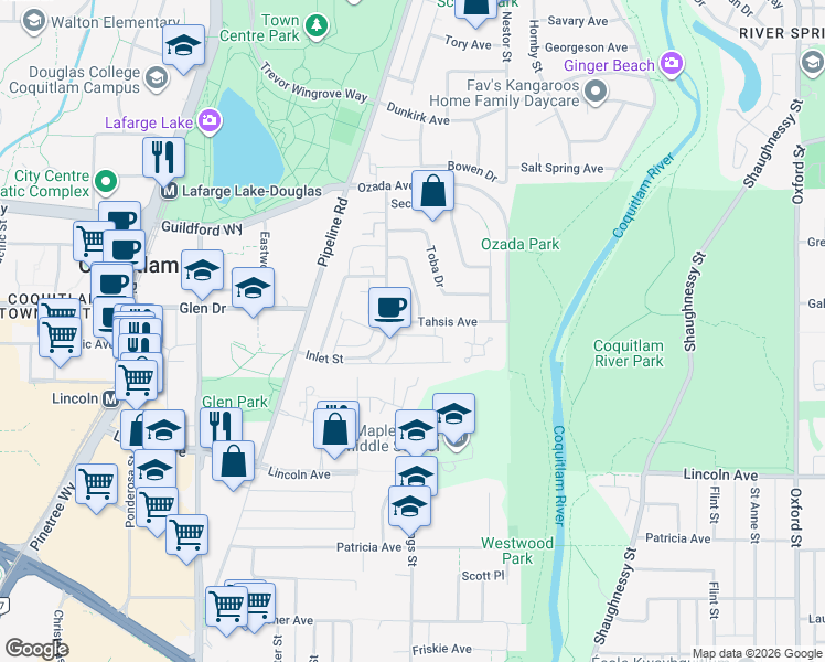 map of restaurants, bars, coffee shops, grocery stores, and more near 1145 Inlet Street in Coquitlam