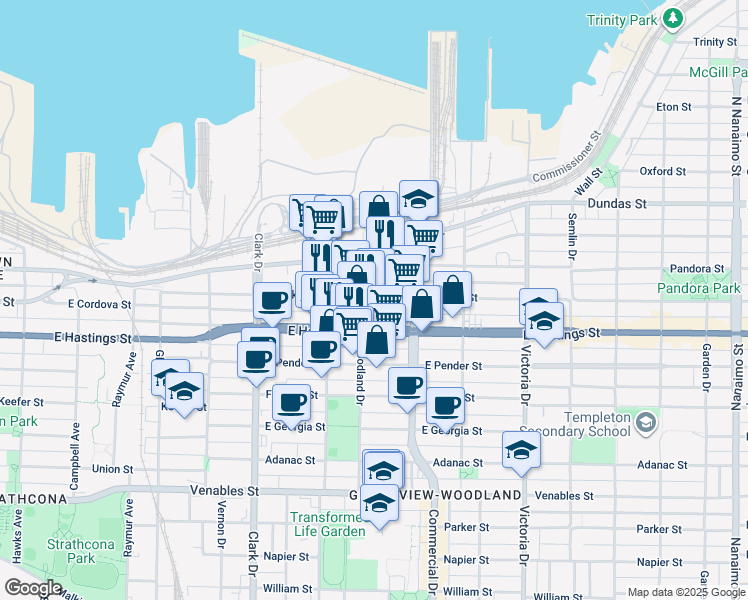 map of restaurants, bars, coffee shops, grocery stores, and more near 1622 Franklin Street in Vancouver