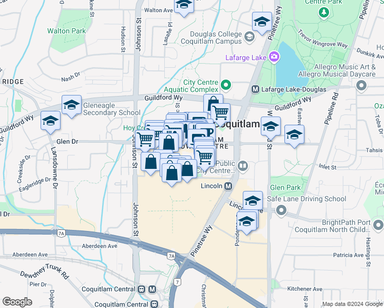 map of restaurants, bars, coffee shops, grocery stores, and more near 2978 Glen Drive in Coquitlam