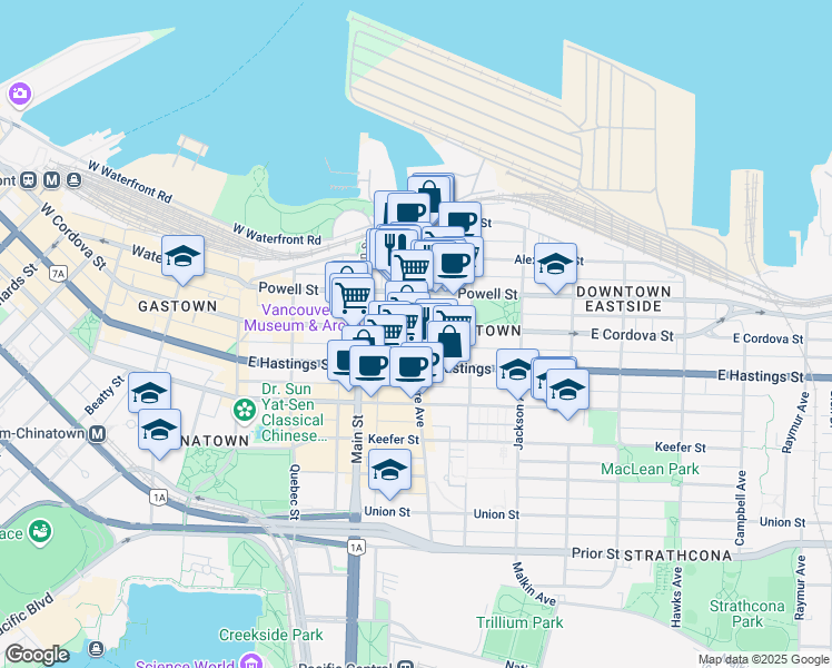 map of restaurants, bars, coffee shops, grocery stores, and more near 302 East Cordova Street in Vancouver