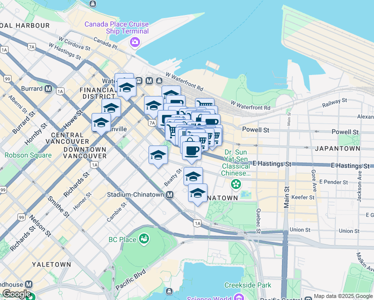 map of restaurants, bars, coffee shops, grocery stores, and more near 128 West Hastings Street in Vancouver