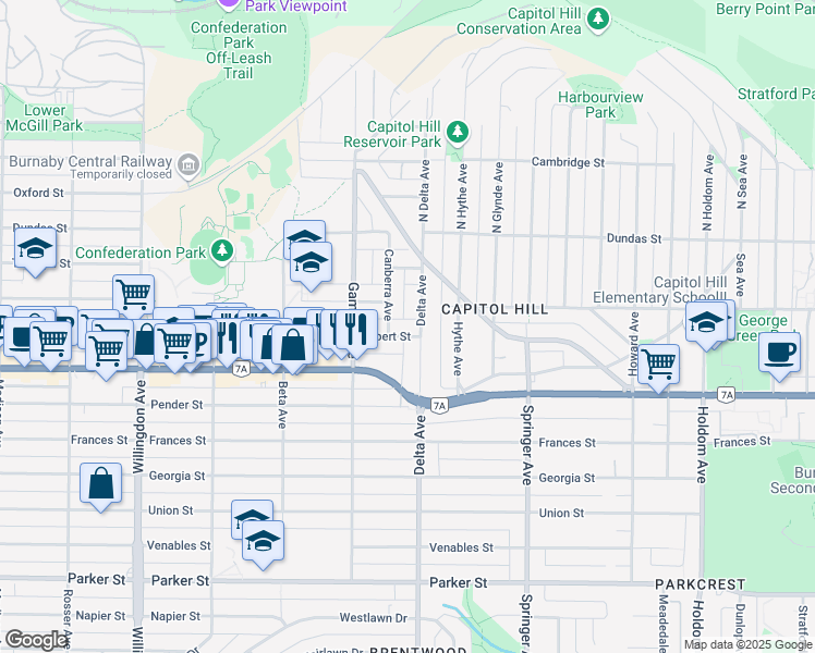 map of restaurants, bars, coffee shops, grocery stores, and more near 4875 Albert Street in Burnaby
