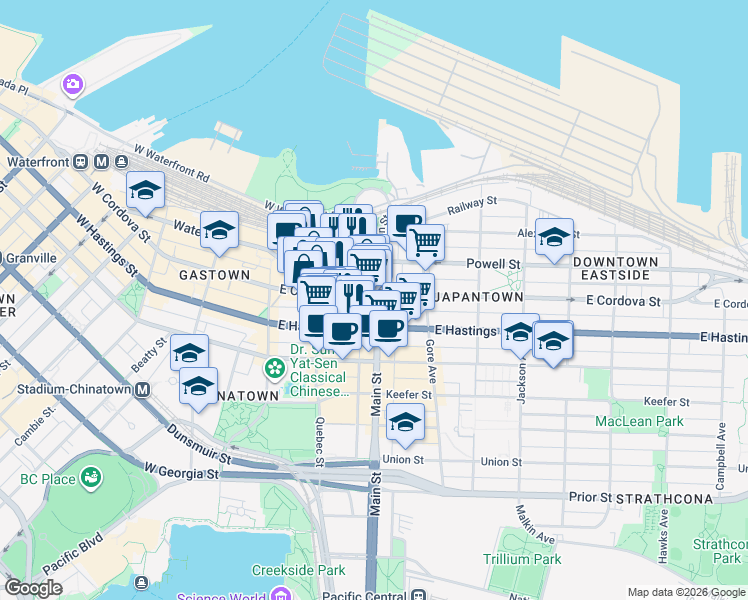 map of restaurants, bars, coffee shops, grocery stores, and more near 307 Main Street in Vancouver