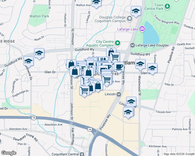 map of restaurants, bars, coffee shops, grocery stores, and more near 2968 Glen Drive in Coquitlam