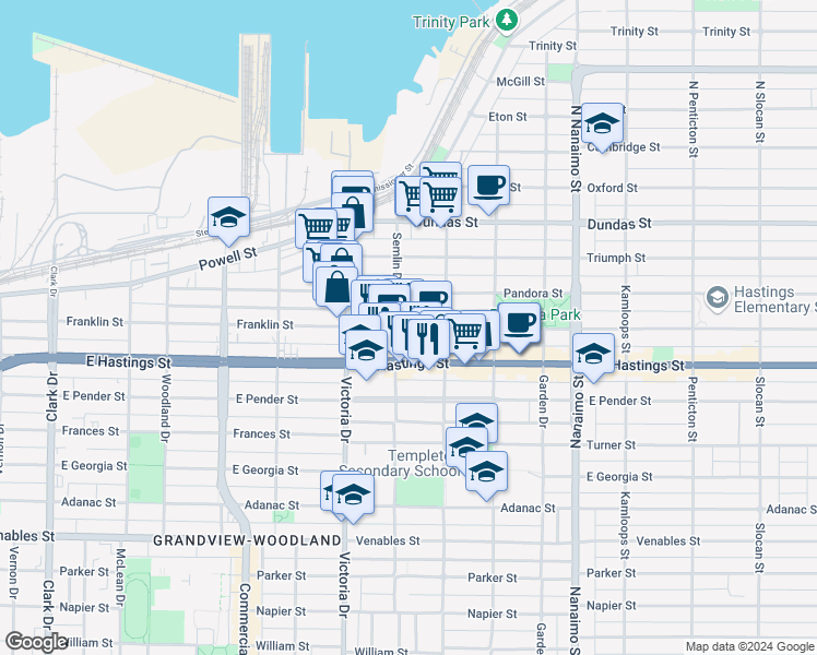 map of restaurants, bars, coffee shops, grocery stores, and more near 2023 Franklin Street in Vancouver