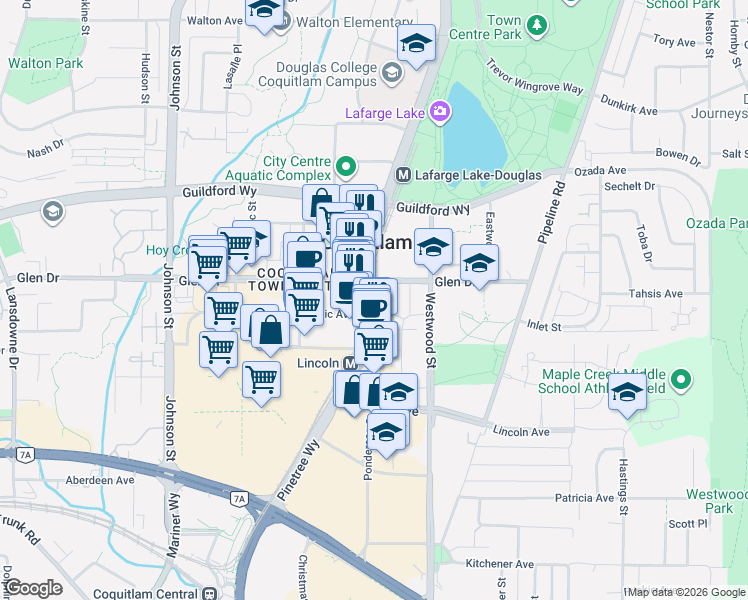 map of restaurants, bars, coffee shops, grocery stores, and more near 1175 Pinetree Way in Coquitlam