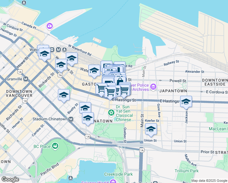 map of restaurants, bars, coffee shops, grocery stores, and more near 317 East Cordova Street in Vancouver