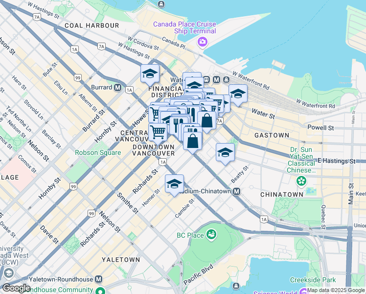 map of restaurants, bars, coffee shops, grocery stores, and more near 606 Richards Street in Vancouver