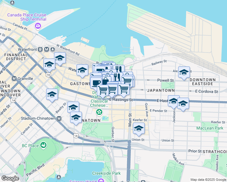 map of restaurants, bars, coffee shops, grocery stores, and more near 102 East Cordova Street in Vancouver