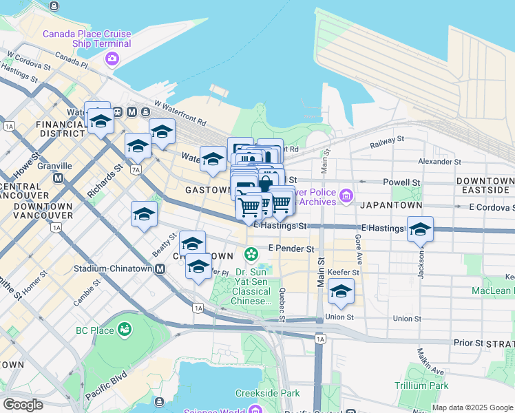 map of restaurants, bars, coffee shops, grocery stores, and more near 102 East Cordova Street in Vancouver