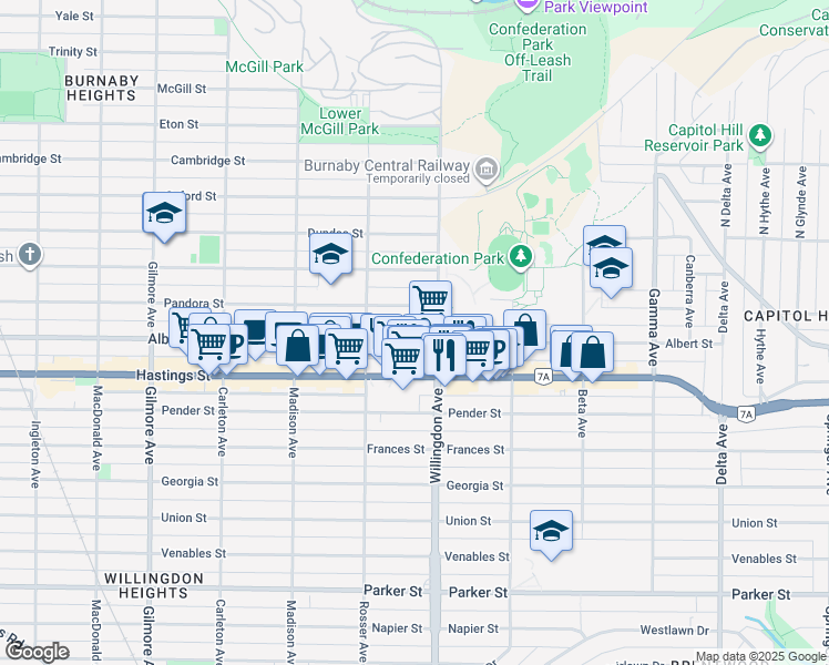 map of restaurants, bars, coffee shops, grocery stores, and more near 4451 Albert Street in Burnaby