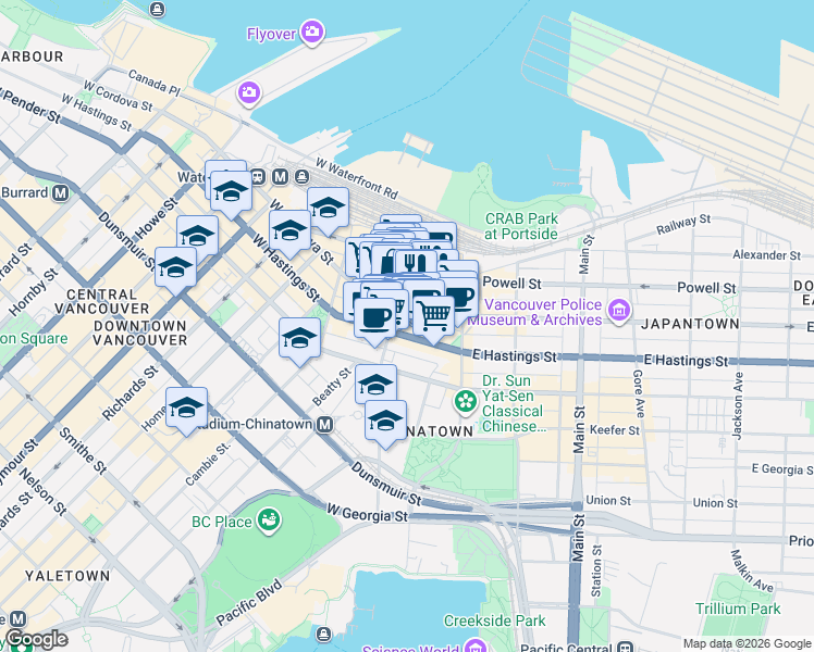 map of restaurants, bars, coffee shops, grocery stores, and more near 53 West Hastings Street in Vancouver