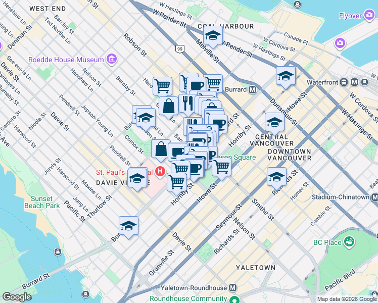 map of restaurants, bars, coffee shops, grocery stores, and more near 1028 Barclay Street in Vancouver