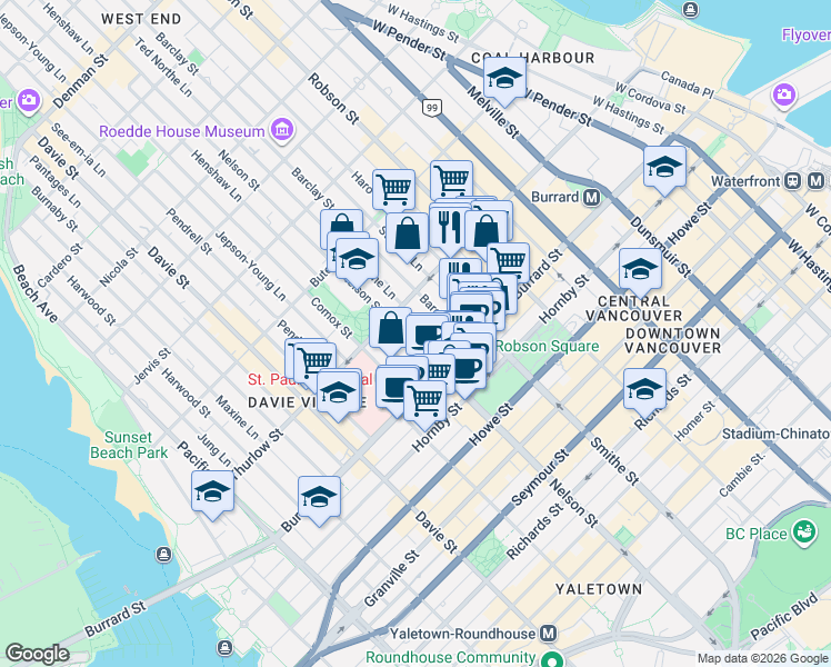 map of restaurants, bars, coffee shops, grocery stores, and more near 1033 Nelson Street in Vancouver
