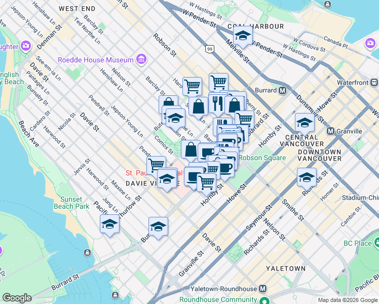 map of restaurants, bars, coffee shops, grocery stores, and more near in Vancouver
