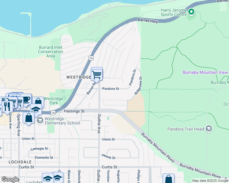 map of restaurants, bars, coffee shops, grocery stores, and more near 7268 Pandora Street in Burnaby