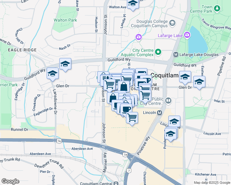 map of restaurants, bars, coffee shops, grocery stores, and more near 1175 Johnson Street in Coquitlam