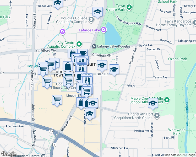 map of restaurants, bars, coffee shops, grocery stores, and more near 1182 Westwood Street in Coquitlam