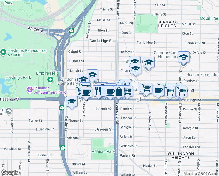 map of restaurants, bars, coffee shops, grocery stores, and more near 3639 Franklin Street in Vancouver