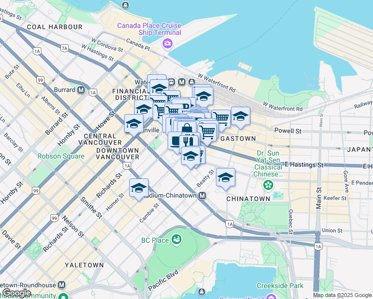 map of restaurants, bars, coffee shops, grocery stores, and more near 309 West Pender Street in Vancouver