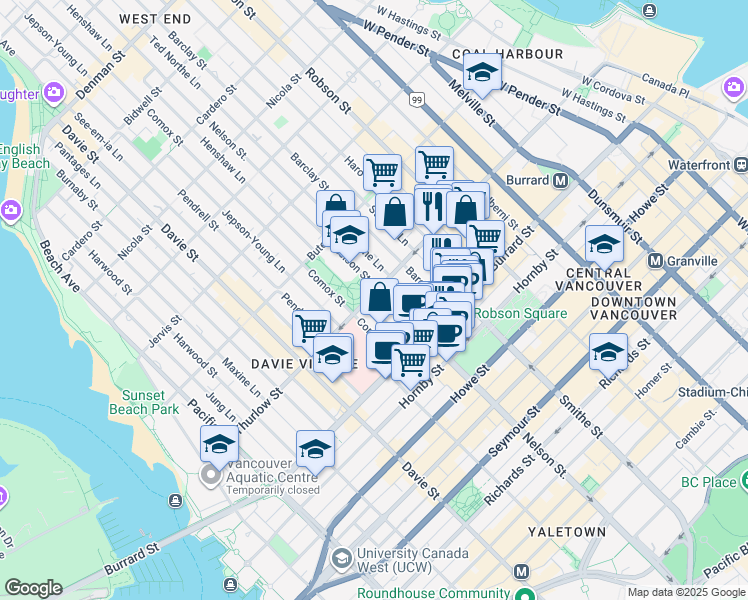 map of restaurants, bars, coffee shops, grocery stores, and more near in Vancouver