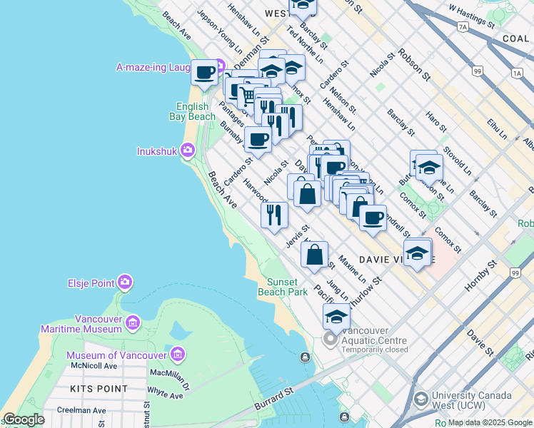 map of restaurants, bars, coffee shops, grocery stores, and more near in Vancouver