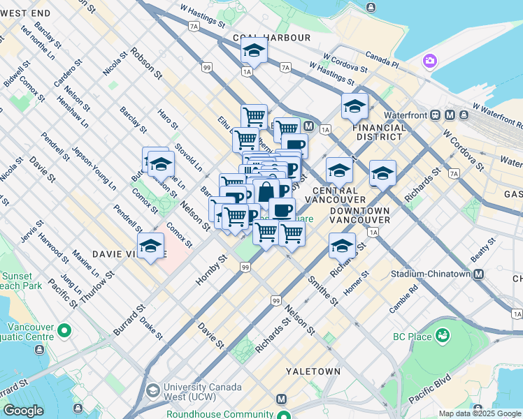 map of restaurants, bars, coffee shops, grocery stores, and more near in Vancouver