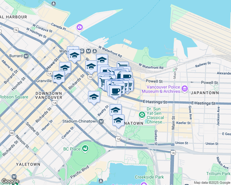 map of restaurants, bars, coffee shops, grocery stores, and more near 111 West Hastings Street in Vancouver