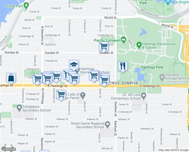 map of restaurants, bars, coffee shops, grocery stores, and more near 2763 Franklin Street in Vancouver
