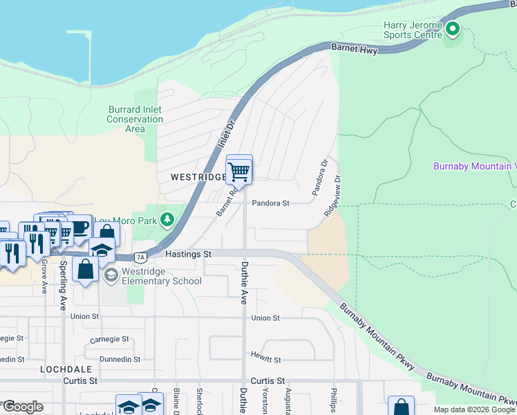 map of restaurants, bars, coffee shops, grocery stores, and more near 7222 Pandora Street in Burnaby