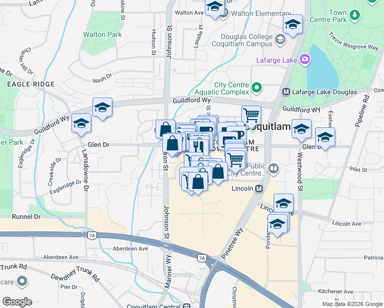 map of restaurants, bars, coffee shops, grocery stores, and more near 2922 Glen Drive in Coquitlam