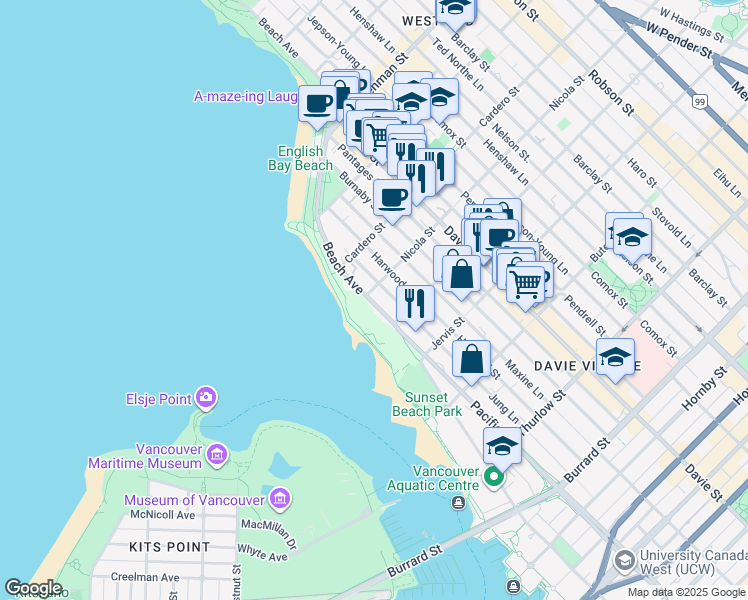 map of restaurants, bars, coffee shops, grocery stores, and more near 1483 Beach Avenue in Vancouver