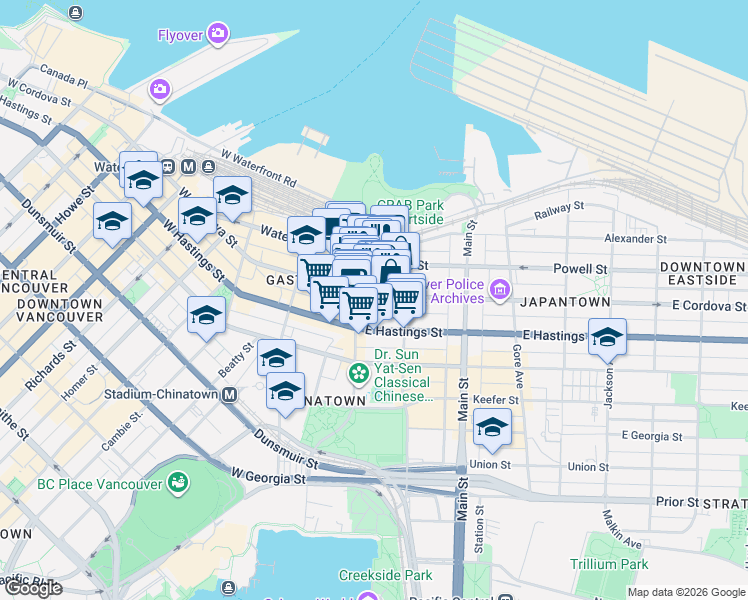 map of restaurants, bars, coffee shops, grocery stores, and more near 26 East Cordova Street in Vancouver