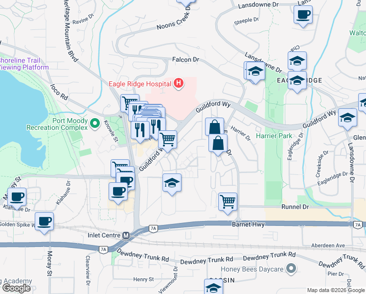 map of restaurants, bars, coffee shops, grocery stores, and more near 438 Carlsen Place in Port Moody