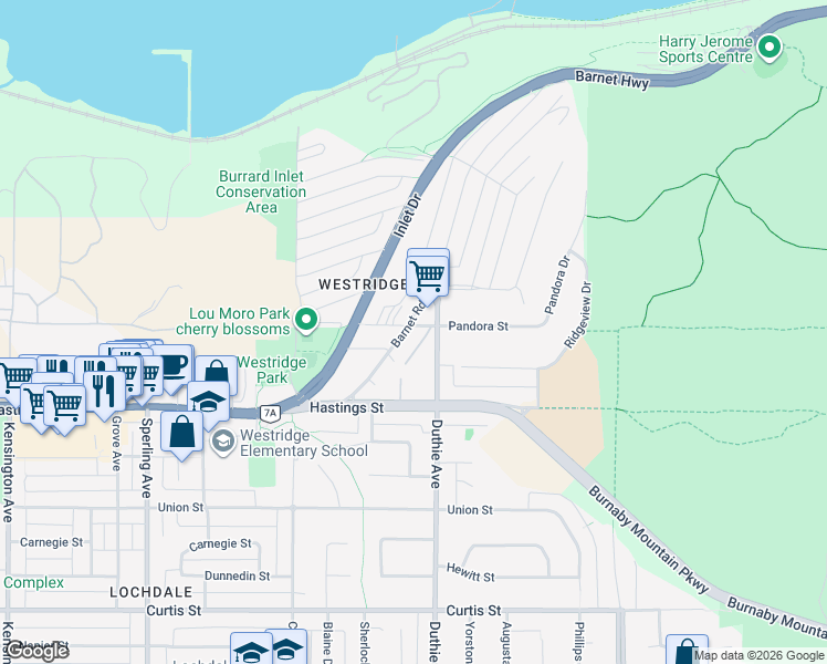 map of restaurants, bars, coffee shops, grocery stores, and more near 7180 Barnet Road in Burnaby