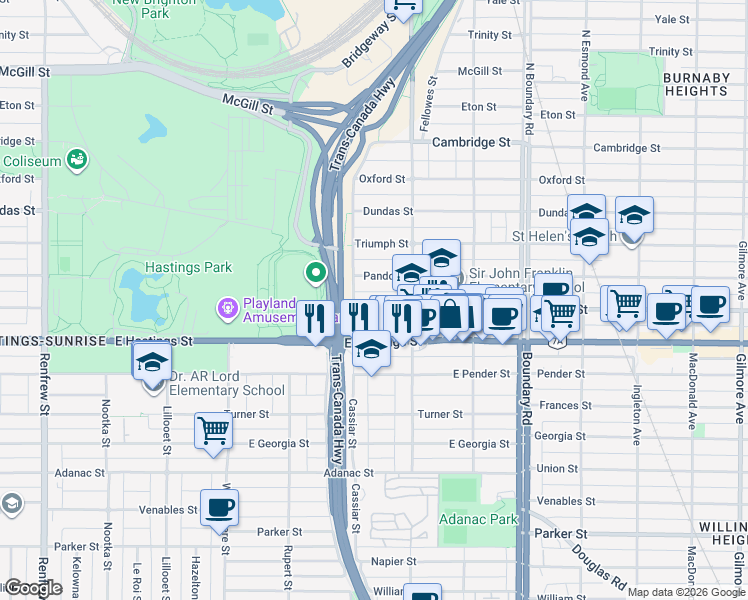 map of restaurants, bars, coffee shops, grocery stores, and more near 3435 Franklin Street in Vancouver