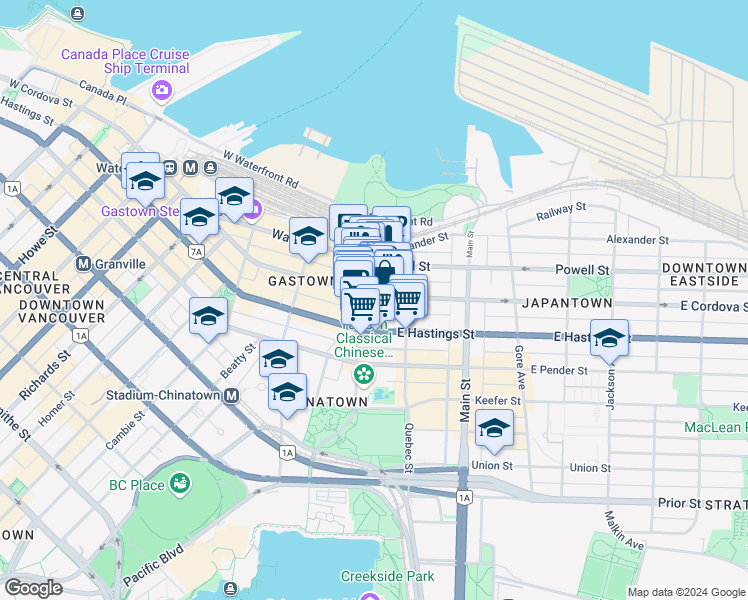 map of restaurants, bars, coffee shops, grocery stores, and more near 22 East Cordova Street in Vancouver
