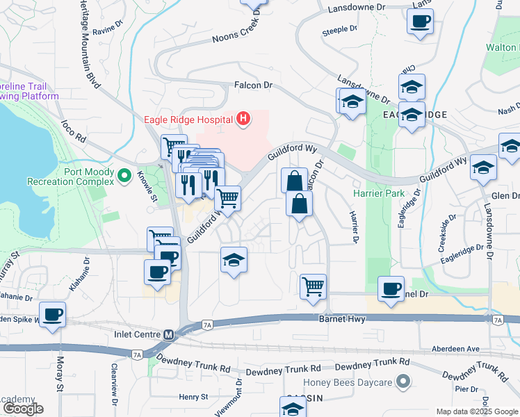 map of restaurants, bars, coffee shops, grocery stores, and more near 453 Carlsen Place in Port Moody
