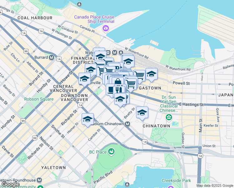 map of restaurants, bars, coffee shops, grocery stores, and more near 310 West Pender Street in Vancouver