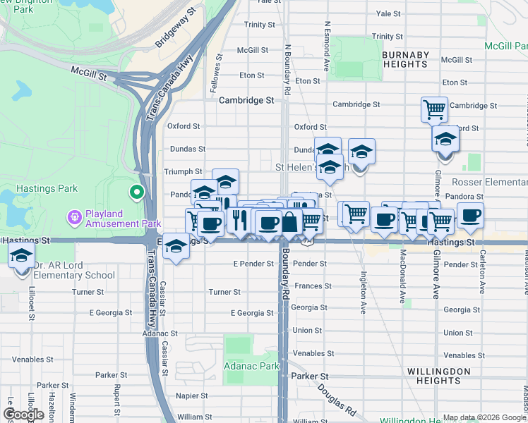map of restaurants, bars, coffee shops, grocery stores, and more near in Vancouver