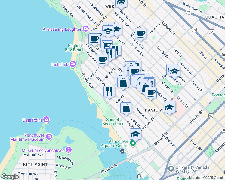 map of restaurants, bars, coffee shops, grocery stores, and more near 1371 Harwood Street in Vancouver
