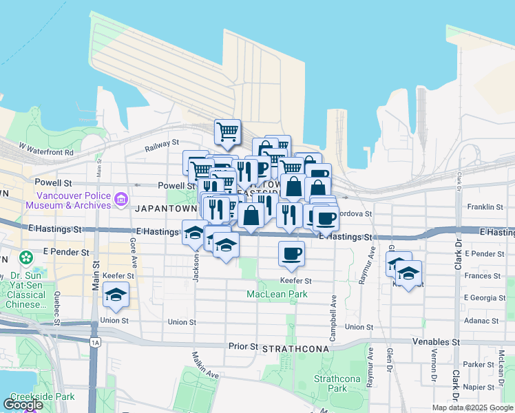 map of restaurants, bars, coffee shops, grocery stores, and more near 679 East Cordova Street in Vancouver