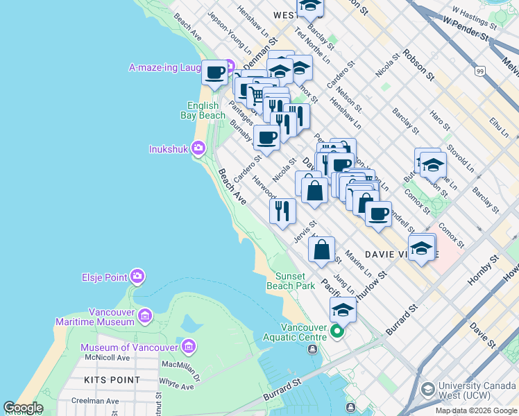map of restaurants, bars, coffee shops, grocery stores, and more near in Vancouver