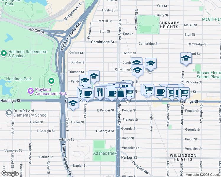 map of restaurants, bars, coffee shops, grocery stores, and more near 3639 Franklin Street in Vancouver